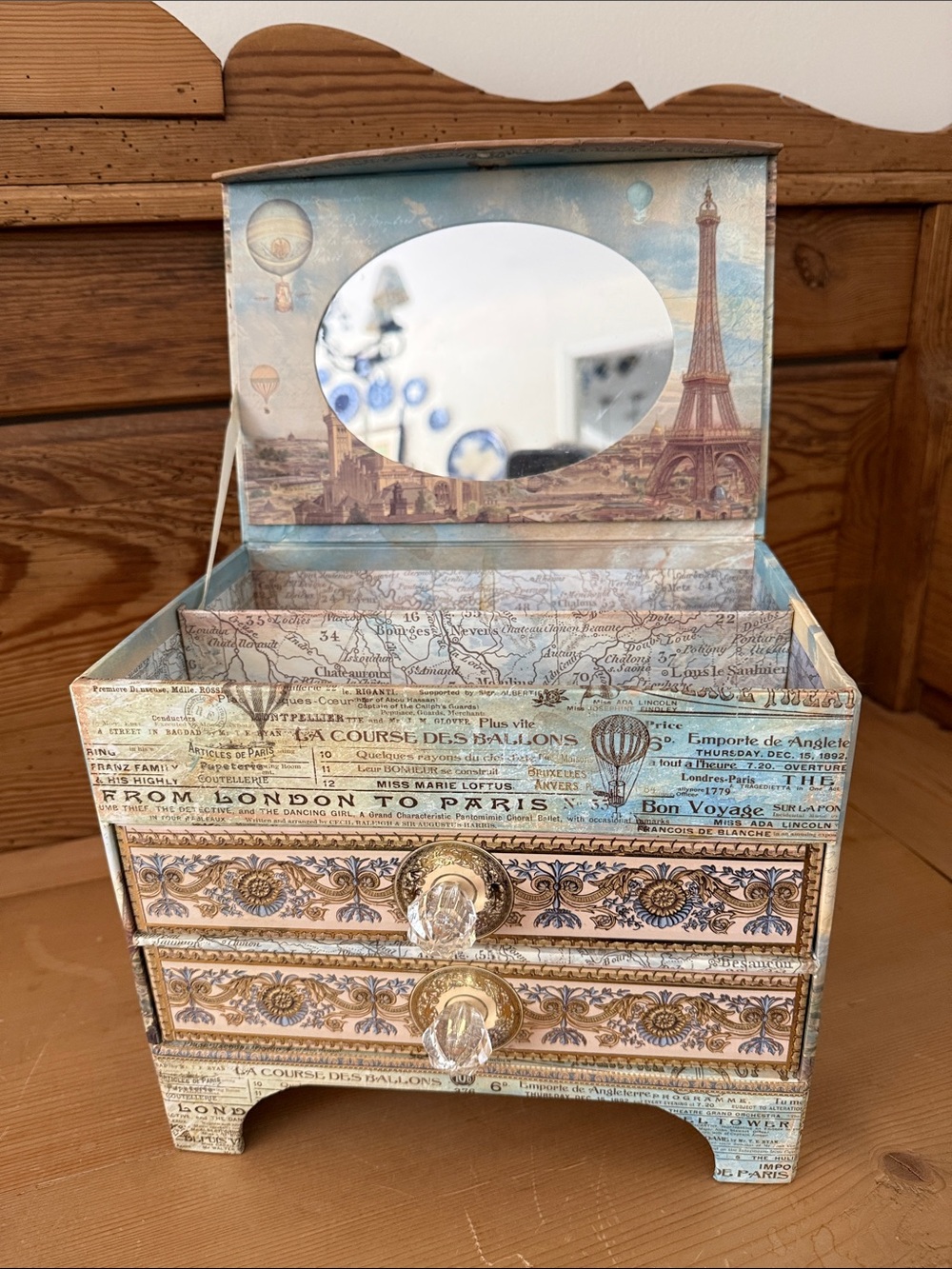 Paris Themed Decoupaged Jewelry Box- 2 Drawers & Interior Mirror by Punch Studio